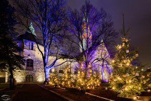 Picture of the Finnish National Museum in the background with enlightend trees in the front