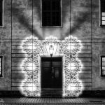 Illuminated entry of the old town hall in Rauma