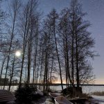 View through trees at a frozen lake towards the moon at night