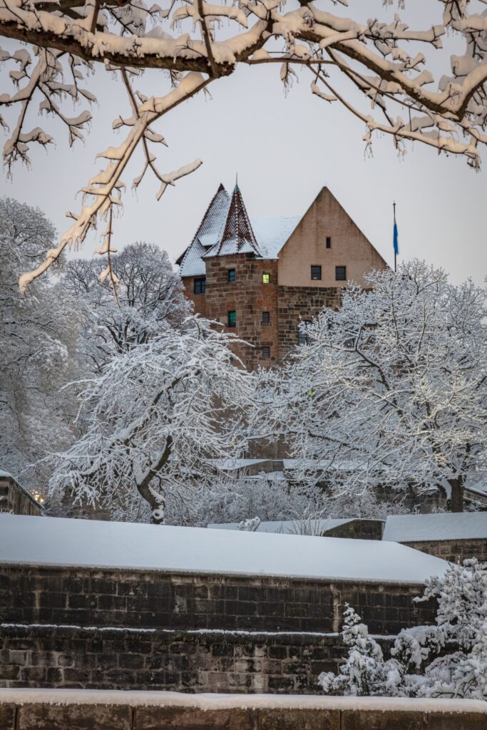 Schneebedeckte Burg mit Turm und Flagge, umgeben von winterlichen Bäumen; Steinmauer im Vordergrund.
