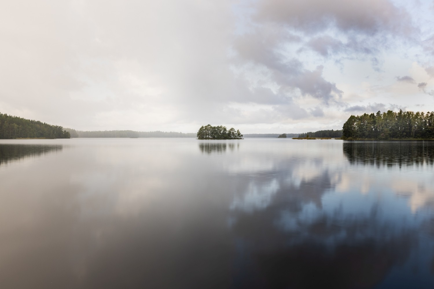 Stiller See mit Insel aus Bäumen, Wald umgeben, klare Himmelreflexion im ruhigen Wasser.