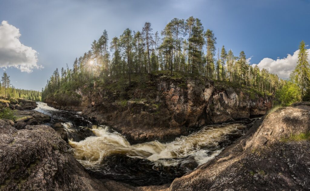 Panoramablick auf einen wilden Fluss, umgeben von dichten Wäldern und Felsen, mit strahlendem Sonnenschein, der durch die Bäume scheint.