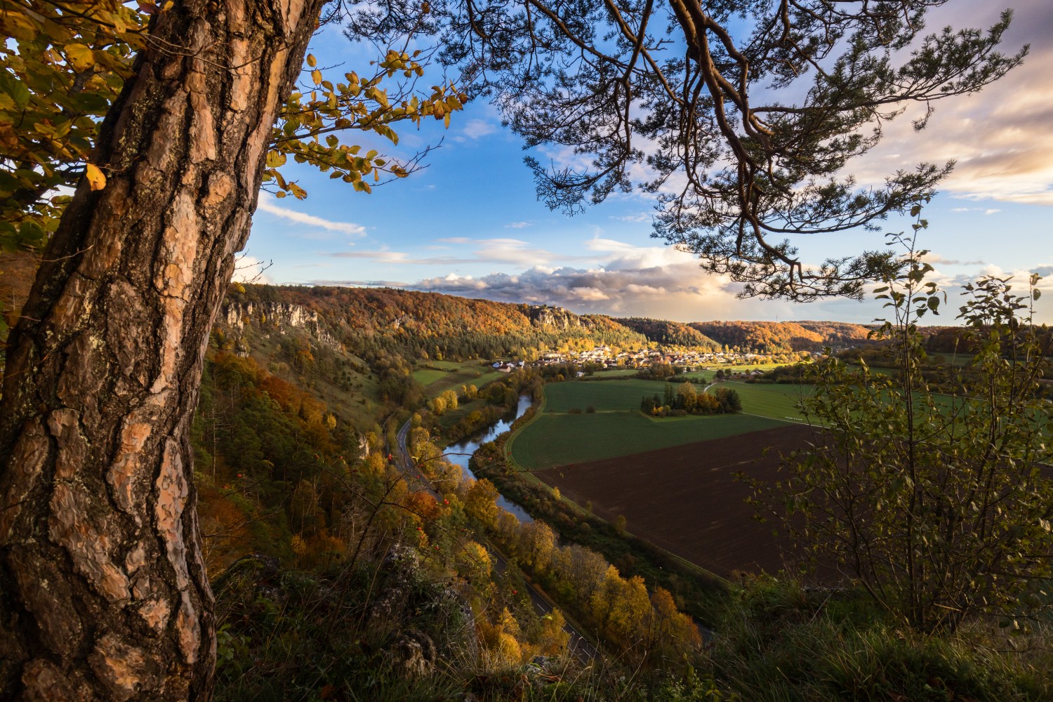 Herbstlandschaft: Blick vom Felsen auf ein Tal mit Fluss, Felder und Dorf, eingerahmt von bunten Laubbäumen.