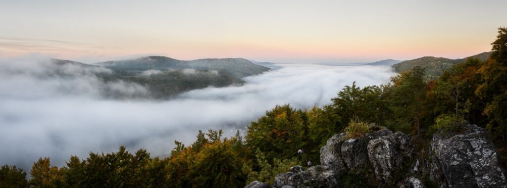 Panorama-Berglandschaft mit Nebel im Tal, Herbstwald, Felsvorsprung im Vordergrund, Sonnenaufgang am Horizont.