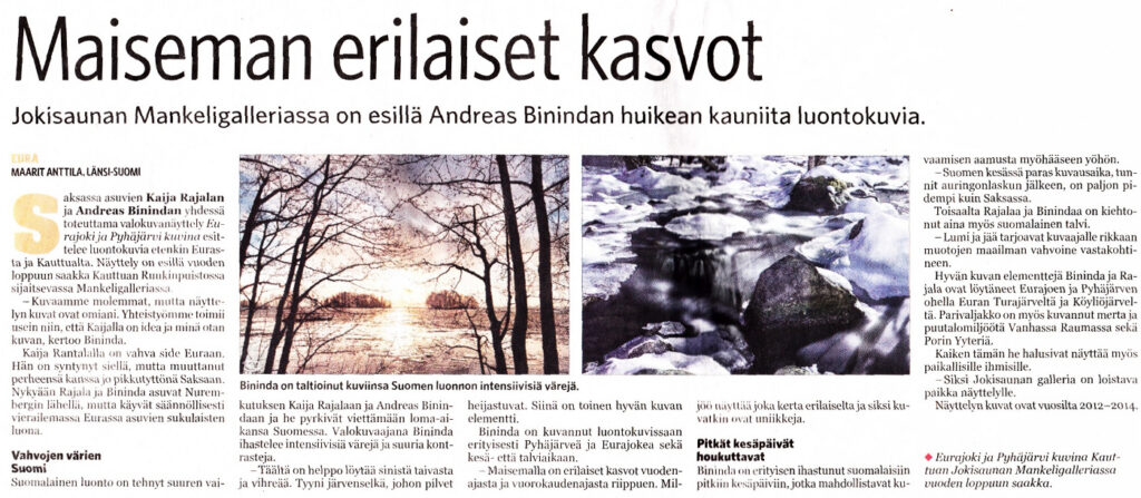 Zeitungsartikel über Naturfotos von Kaija Rajala und Andreas Bininda; links Winterwald am See, rechts gefrorenes Wasser.