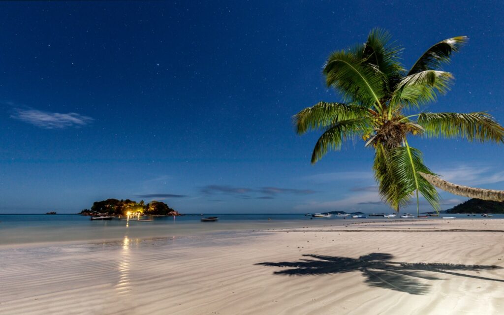 Nachtstrand mit Palmen, ruhiges Meer, Boote am Horizont, beleuchtete Insel, Sternenhimmel – tropische Urlaubsszene.