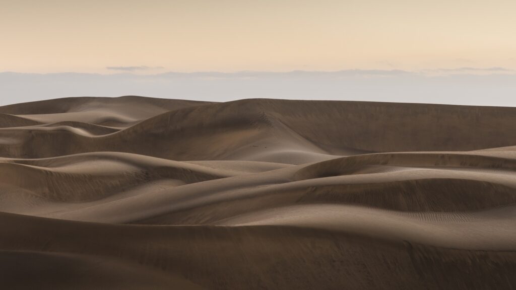 Wüstenlandschaft mit sanften Sanddünen in Goldener Stunde, ruhige Sandformen und weiches Licht.