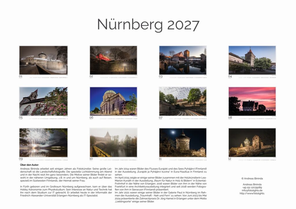 Nürnberg 2027 Kalender: Collage aus 12 Stadtansichten Nürnbergs bei Tag und Nacht.